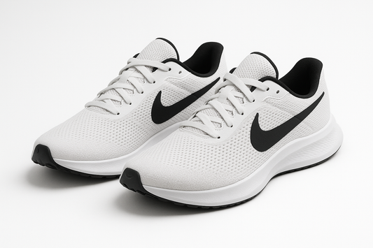 White Nike Running Shoes with Black Swoosh